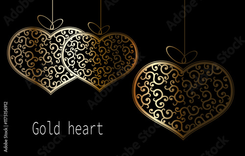 Valentine's Day. Set of golden isolated hearts with bows and retro patterns.