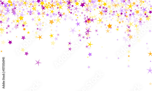 Inspiring stars outburst vector background. Birthday decor elements in purple yellow colors. Fireworks star shapes pattern. Joy concept. Cosmic shimmer.