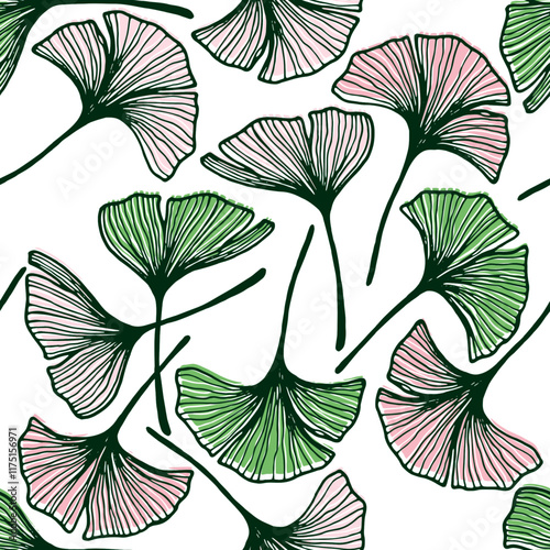 Ginkgo biloba leaves seamless textile print. Modern gingko foliage outline ve...