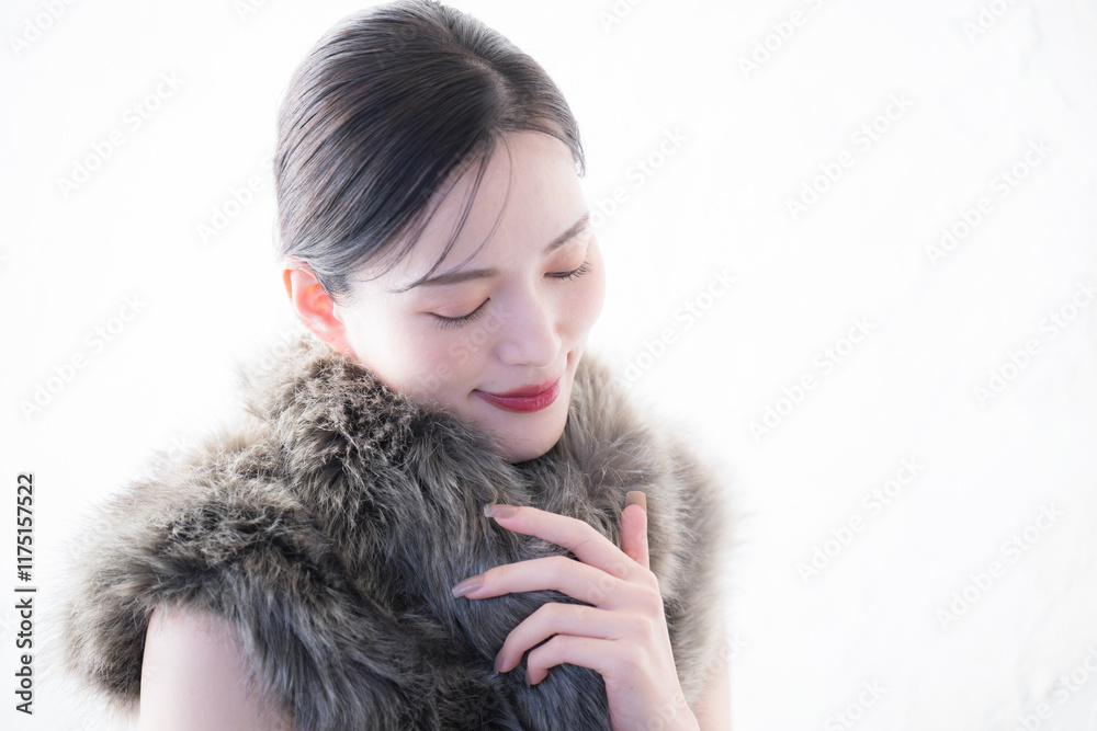Close-up of beautiful beauty beauty image with fur White background Close-up of beautiful beauty beauty image with fur White background