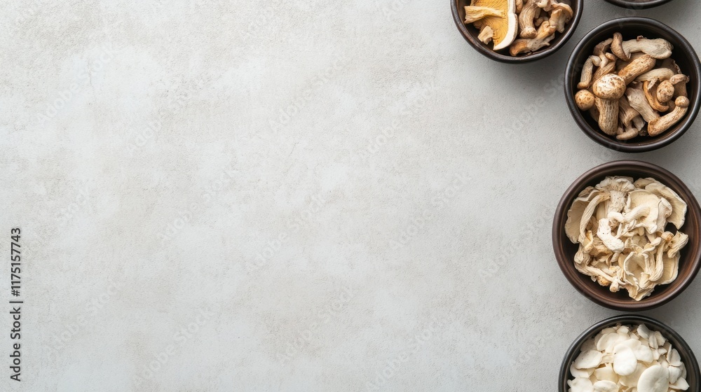 A clean health mushroom banner with dried mushrooms in small bowls, neatly arranged with text space A clean health mushroom banner with dried mushrooms in small bowls, neatly arranged with text space