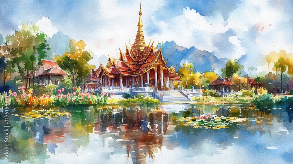 Naklejka premium Traditional Thai Temple Reflected in Serene Golden Watercolor Scene