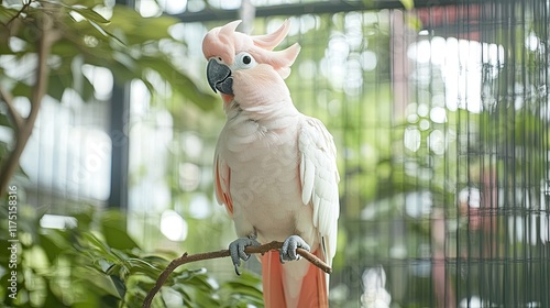 A pink cockatoo perched on a branch amidst lush greenery in a natural setting.
