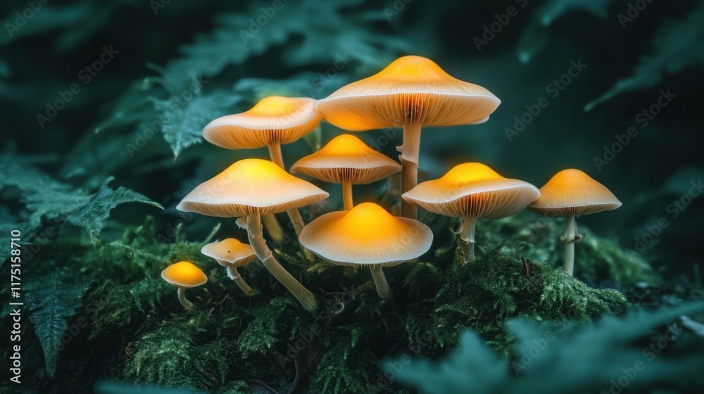 Fototapeta premium A conceptual banner showcasing glowing mushrooms in nature, symbolizing their role in health and vitality with bold text