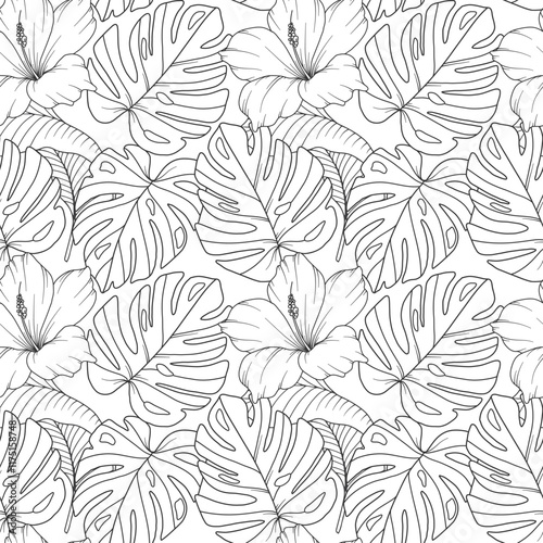 Tropical Plants Background. Tropical Seamless Pattern Trendy graphics. Tropical Flowers and Leaves Line Art. Tropical flowers seamless pattern