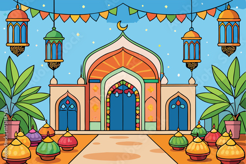 Ramadan Islamic Background featuring a vibrant mosque courtyard with colorful lanterns, festive decorations, and a spiritual atmosphere