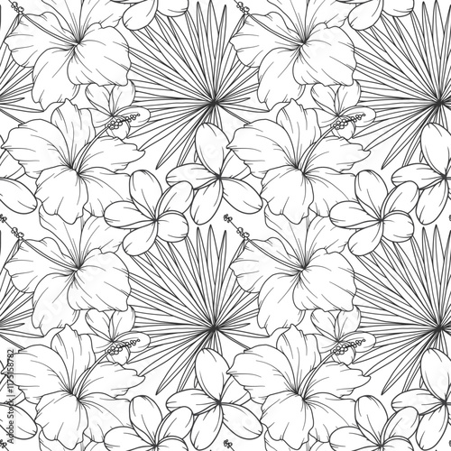 Tropical Plants Background. Tropical Seamless Pattern Trendy graphics. Tropical Flowers and Leaves Line Art. Tropical flowers seamless pattern