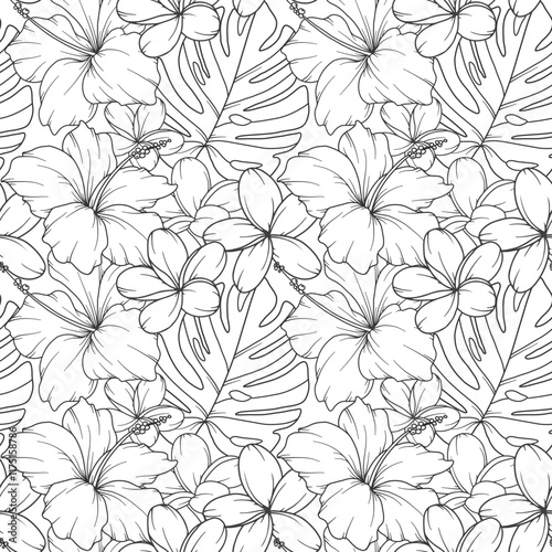 Tropical Plants Background. Tropical Seamless Pattern Trendy graphics. Tropical Flowers and Leaves Line Art. Tropical flowers seamless pattern