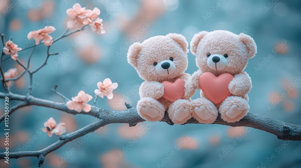 Fototapeta premium Heartfelt Moment with Teddy Bears Holding Pink Hearts on Branch