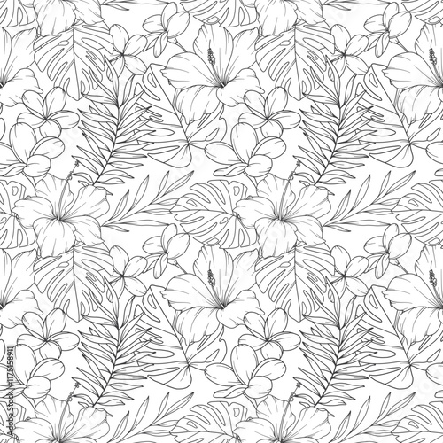 Tropical Plants Background. Tropical Seamless Pattern Trendy graphics. Tropical Flowers and Leaves Line Art. Tropical flowers seamless pattern