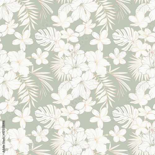 Tropical Plants Background. Tropical Seamless Pattern Trendy graphics. Tropical Flowers and Leaves Line Art. Tropical flowers seamless pattern