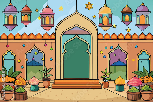 Beautifully decorated mosque courtyard with hanging lanterns, plants, and festive elements, perfect for Ramadan Islamic Background themes