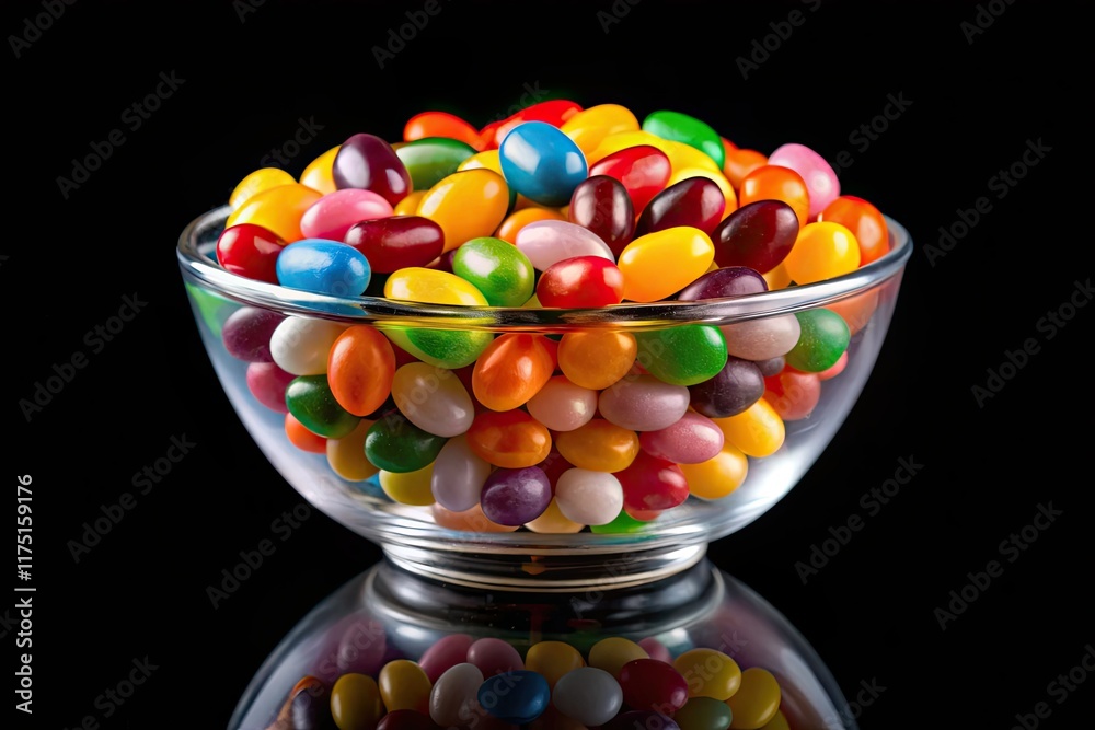 Vibrant jelly beans spill from a glass bowl, a colorful contrast against the deep black backdrop. Vibrant jelly beans spill from a glass bowl, a colorful contrast against the deep black backdrop.