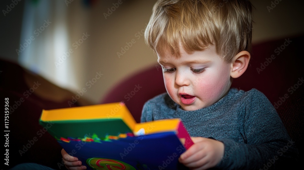 Child reading a colorful book, engaged and curious. Child reading a colorful book, engaged and curious.