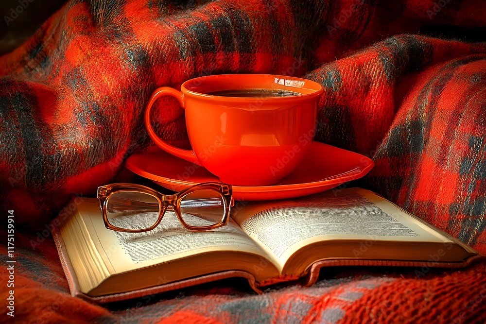 A coffee table setup with a cup of coffee, a pair of reading glasses, and an open book, framed by a cozy plaid blanket A coffee table setup with a cup of coffee, a pair of reading glasses, and an open book, framed by a cozy plaid blanket