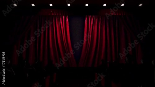 3d animated red curtains on theater the audience stage opening to reveal green screen, realistic theatre animation traditional open effect multimedia footage vintage classic video effect