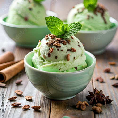 Mint ice cream topped with crunchy bits. photo