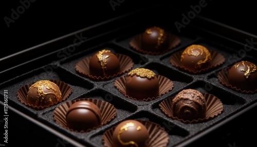 Romantic chocolates. A beautifully arranged box of luxurious chocolate truffles, featuring intricate designs and rich textures, perfect for gifting or indulgence.