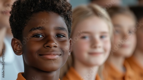 Summer school fosters learning and creativity. Smiling children in a group, showcasing diversity and joy. photo