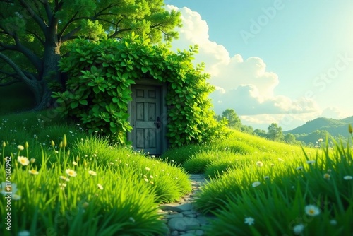 A lone door materializes in a lush green meadow, inviting exploration, foliage, entrance photo