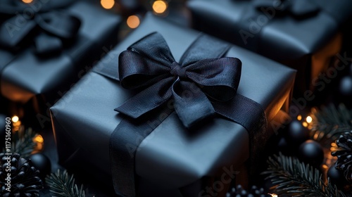 Dark elegant gift boxes with black ribbon bows and Christmas decor. photo