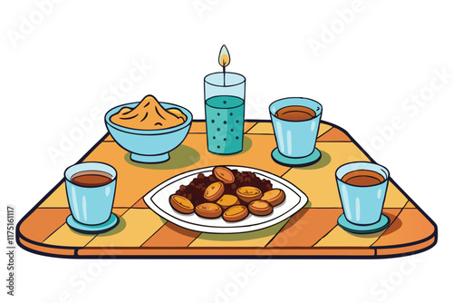 Ramadan Islamic Background featuring a vibrant Iftar table spread, showcasing delicious dates, drinks, and traditional food items