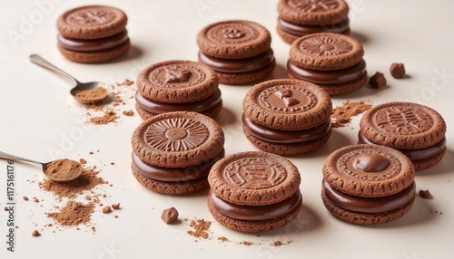 Romantic chocolates. A delicious chocolate cookies stacked artistically with cocoa sprinkles, perfect for a sweet treat or dessert indulgence.