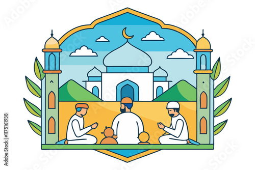 Spiritual fasting and prayer scene featuring a mosque and crescent moon, emphasizing peace and unity, Ramadan Islamic background