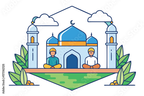 Serene gathering for fasting and prayer in a tranquil setting with mosque and nature, Ramadan Islamic background