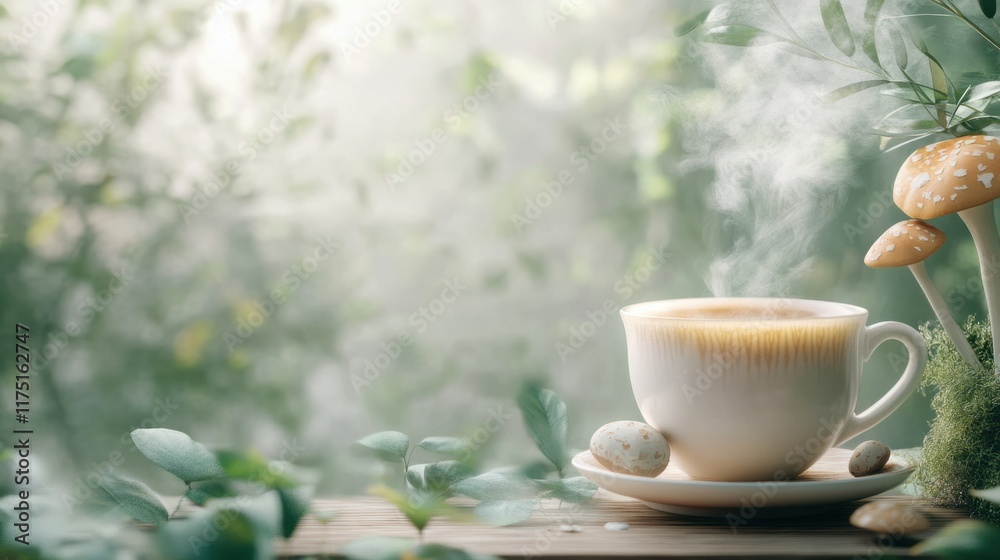 A health-focused banner showcasing a cup of steaming mushroom tea with wellness quotes overlay A health-focused banner showcasing a cup of steaming mushroom tea with wellness quotes overlay