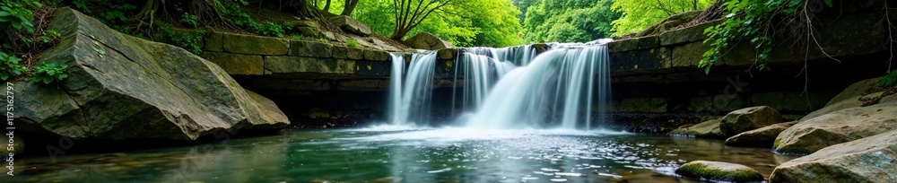 Obraz premium A small waterfall cascades down a rocky slope in the serene forest, rock, serene, forest