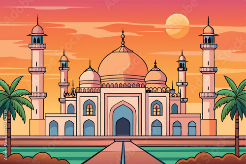Majestic mosque and palm trees against a vibrant sunset sky, symbolizing peace and spirituality