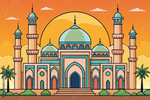 Beautiful mosque exterior surrounded by palm trees under the radiant hues of a sunset sky