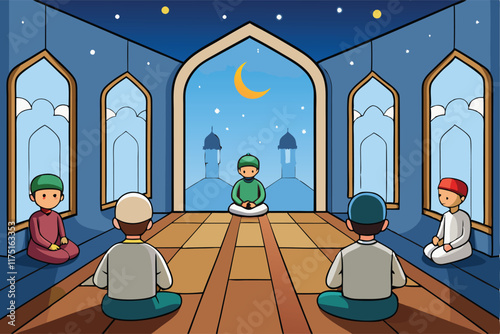 Ramadan Islamic Background Muslims in a serene mosque performing evening prayers with crescent moon and lanterns in a tranquil atmosphere