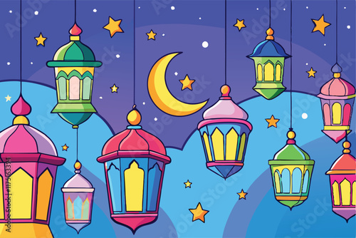 Islamic Lanterns Floating in the Night Sky with Crescent Moon and Stars, Perfect for Ramadan Themes Ramadan Islamic Background