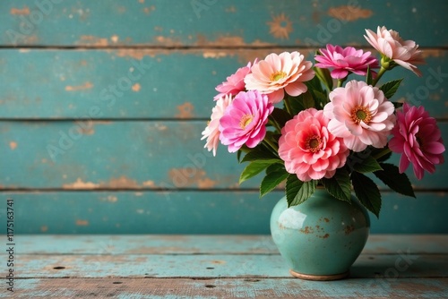 Wallpaper Mural Blooms of pink and peach on a distressed wooden table, floral arrangement, rustic decor, folk art Torontodigital.ca