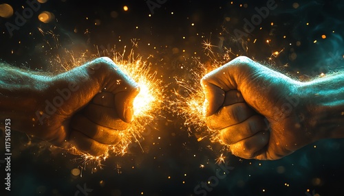 A dramatic action shot of two fists meeting in a powerful impact, with sparks flying and a blur of motion, symbolizing raw conflict photo