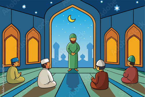 Ramadan Islamic Background Peaceful prayer session in a mosque with beautiful Islamic architecture, moonlit windows, and cultural decor