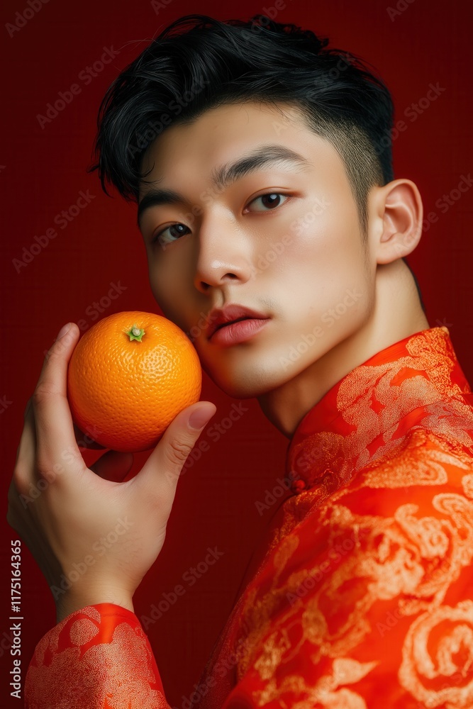Asian Man in Red Traditional Attire Holding an Orange Asian Man in Red Traditional Attire Holding an Orange