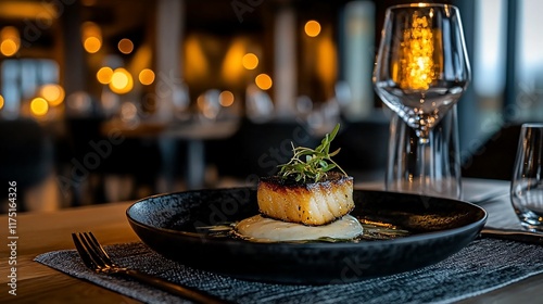 Pan-seared fish fillet on creamy sauce, gourmet restaurant setting.