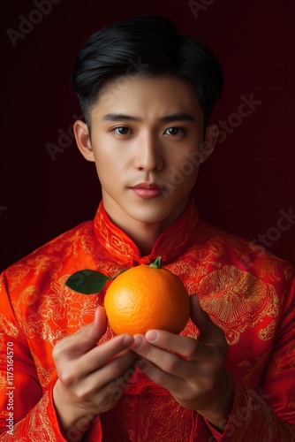 Asian Man in Red Traditional Attire Holding an Orange