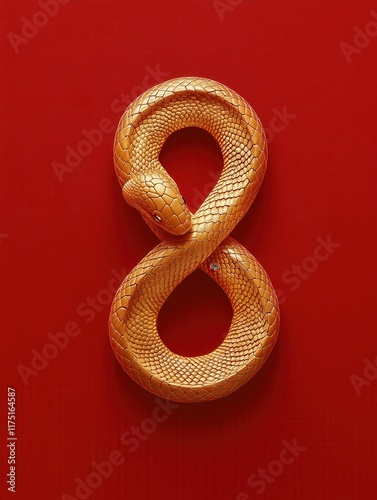 Golden Snake Shaped as Infinity Symbol on Red Background