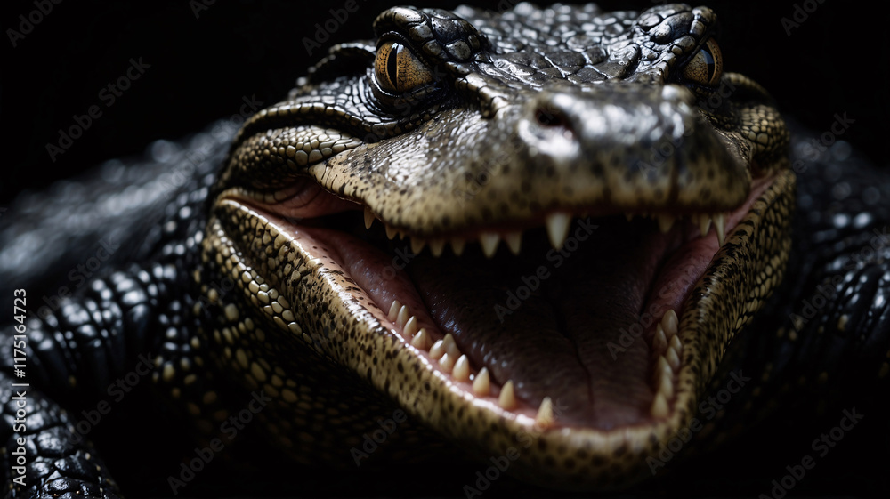 Detailed professional shot of a crocodile against a deep shadowy background stock photo wild life image Detailed professional shot of a crocodile against a deep shadowy background stock photo wild life image