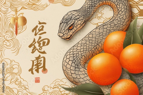 Festive Snake and Oranges Illustration with Chinese Calligraphy