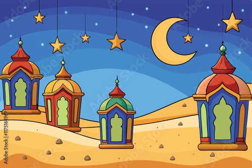 Ramadan Islamic Background Decorative Lanterns on a Desert Landscape with Crescent Moon and Stars Under a Mystical Night Sky