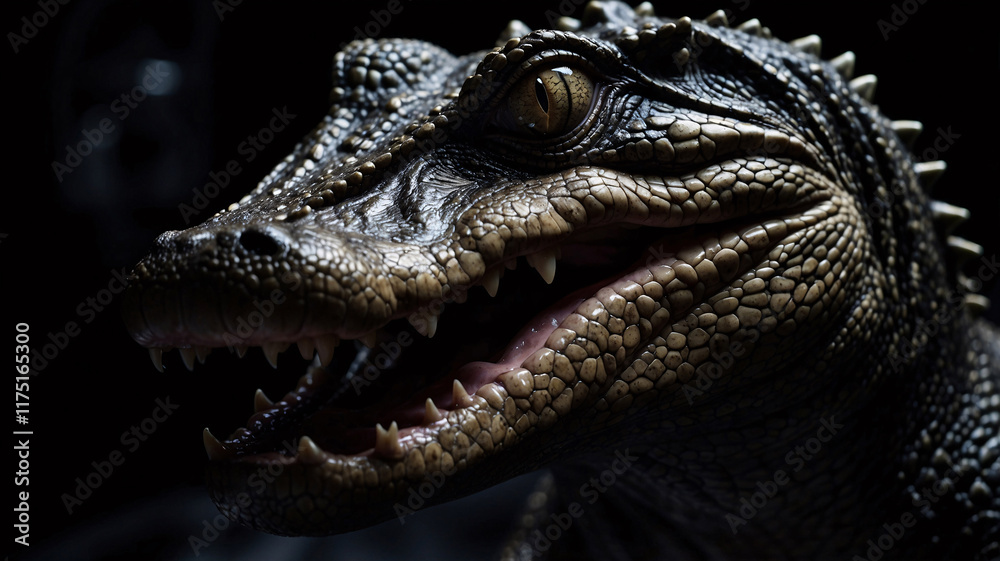 Fototapeta premium Highly detailed professional shot of a crocodile with dark moody backdrop stock photo wild life image