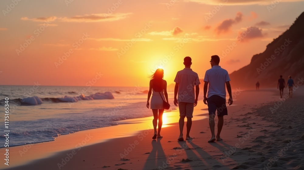 Serene Sunset Walk on the Beach: A Perfect Evening of Friendship and Nature's Beauty Serene Sunset Walk on the Beach: A Perfect Evening of Friendship and Nature's Beauty