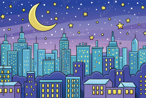 Ramadan Islamic Background with Starry Night and Crescent Moon Over a Vibrant Cityscape in a Minimalist Illustration Style