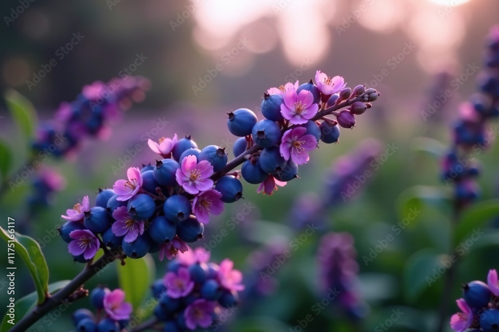Clusters of small dark purple flowers in late spring, , northern blueberry flowers, fragrant blossoms Clusters of small dark purple flowers in late spring, , northern blueberry flowers, fragrant blossoms