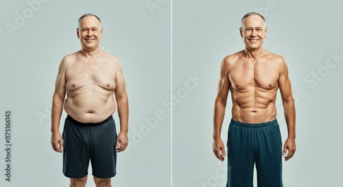 Transformation journey of elderly caucasian male: from overweight to fit, showcasing health and determination photo